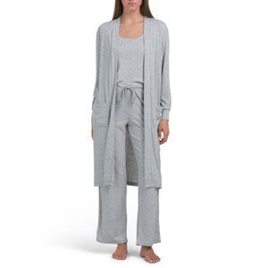 DANSKIN Heather Grey 3pc Ribbed Lounge Cardigan Tank And Wide Leg Pants Set